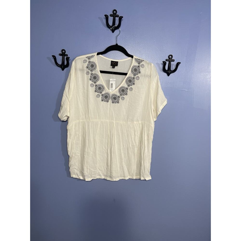 MOD Lusive Short Sleeve Crepe Top with Embroidery Ivory Size XL NWT